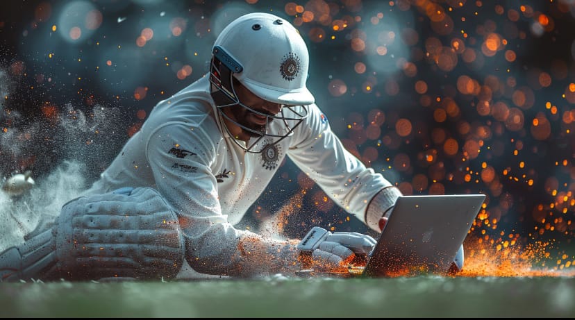 Cricket player with laptop. Source: Midjourney 